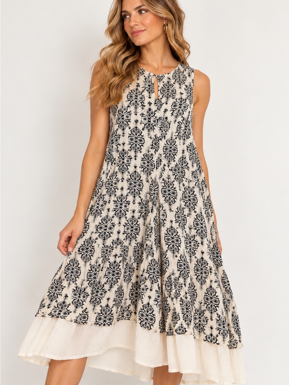 Altar'd State Women's Small Black White Boho Floral Sleeveless Midi Dress